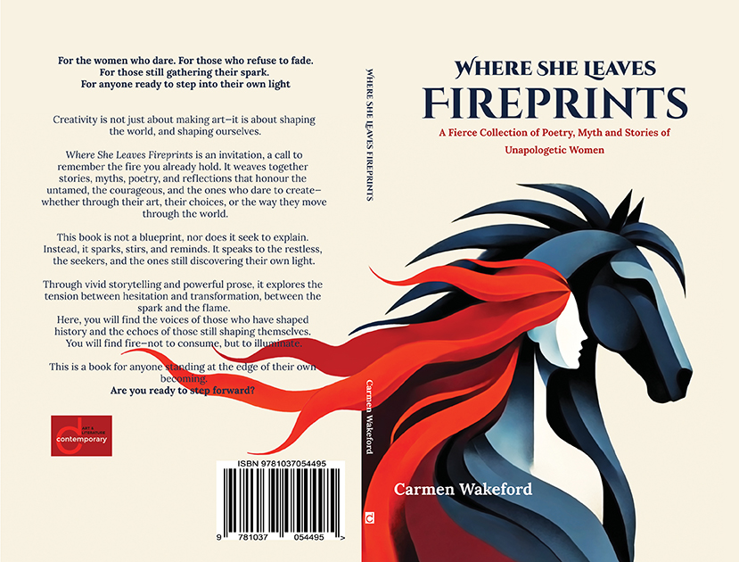 Book cover of Where She Leaves Fireprints by Carmen Wakeford, featuring a bold, abstract horse illustration in red and navy tones, symbolizing feminine strength and transformation.