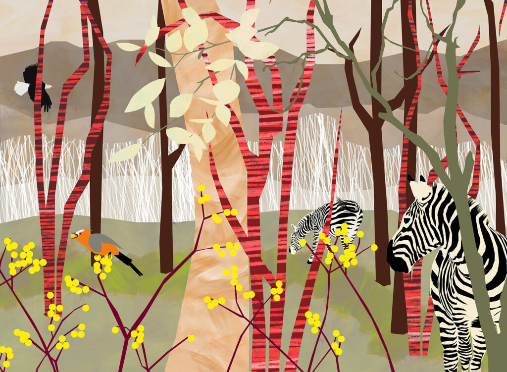 Large abstract nature artwork with zebra and trees by Carmen Wakeford