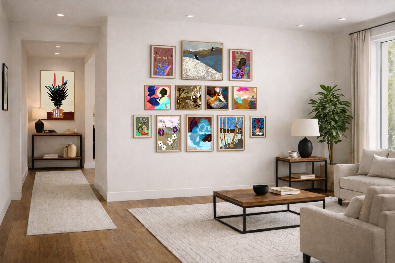 Gallery wall of mixed-size contemporary art prints inspired by nature, landscapes, and still life in a modern neutral living room