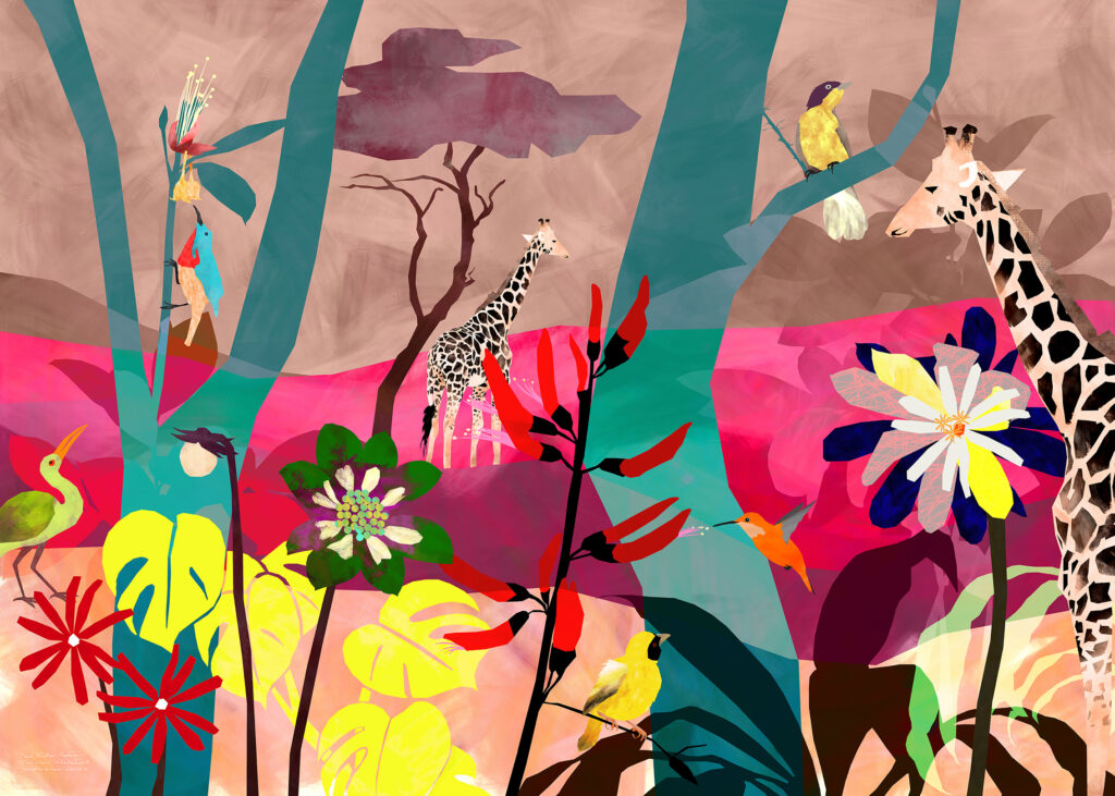 A fantastical abstract contemporary landscape of an African Eden with giraffe, birds and abstract flowers. A bold, new Eden, alive with colour and abstraction