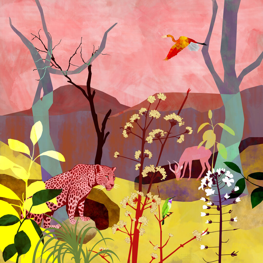 An original contemporary abstract digital artwork of a vibrant African Bushveld landscape with mountains, hills, grassland with wildflowers, a pink leopard and buck, a flamboyant Great Egret and Sunbird.