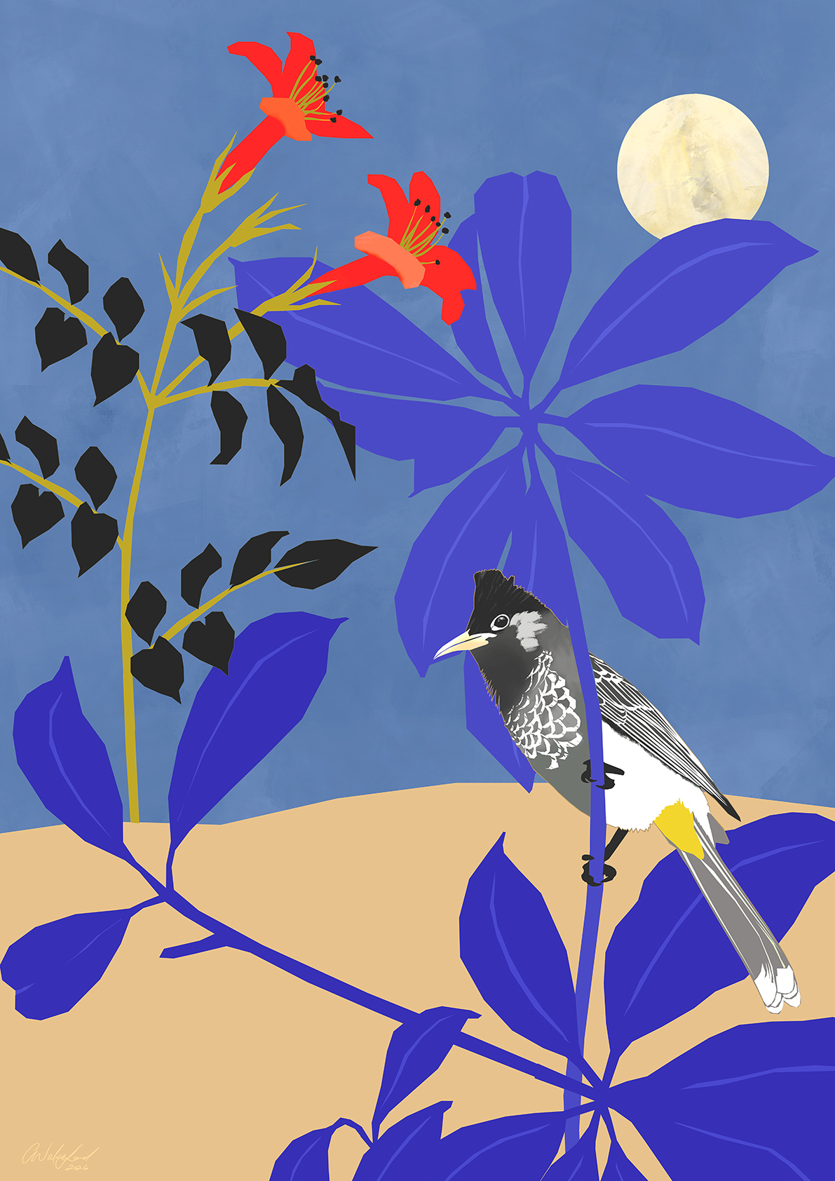 Call to the Moon/ Abstract Nature Art Print with Bird A2