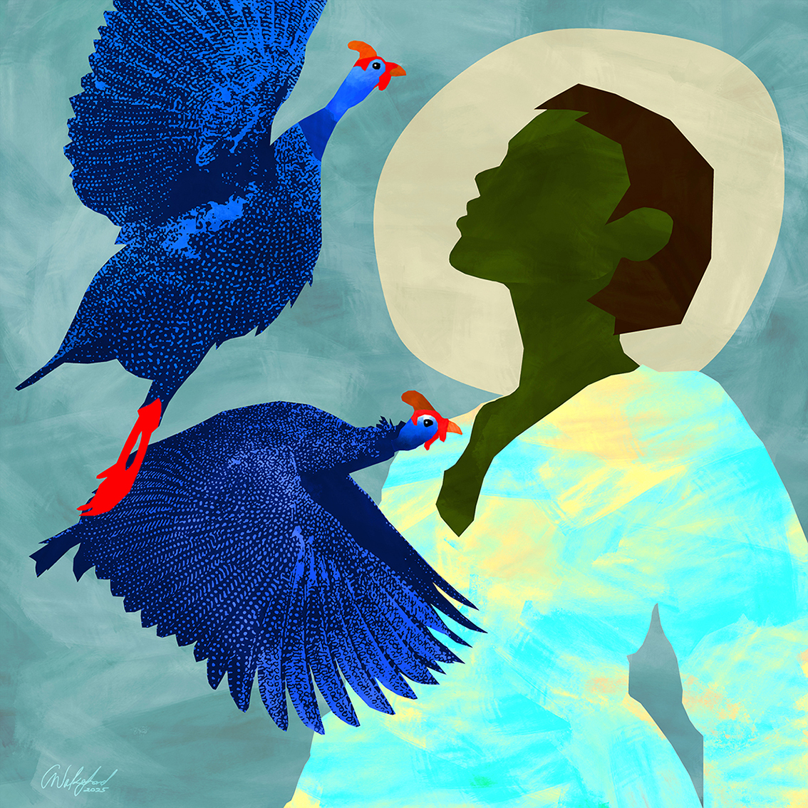 Olive and the Guinea Fowl I / Contemporary Figurative Wall Art