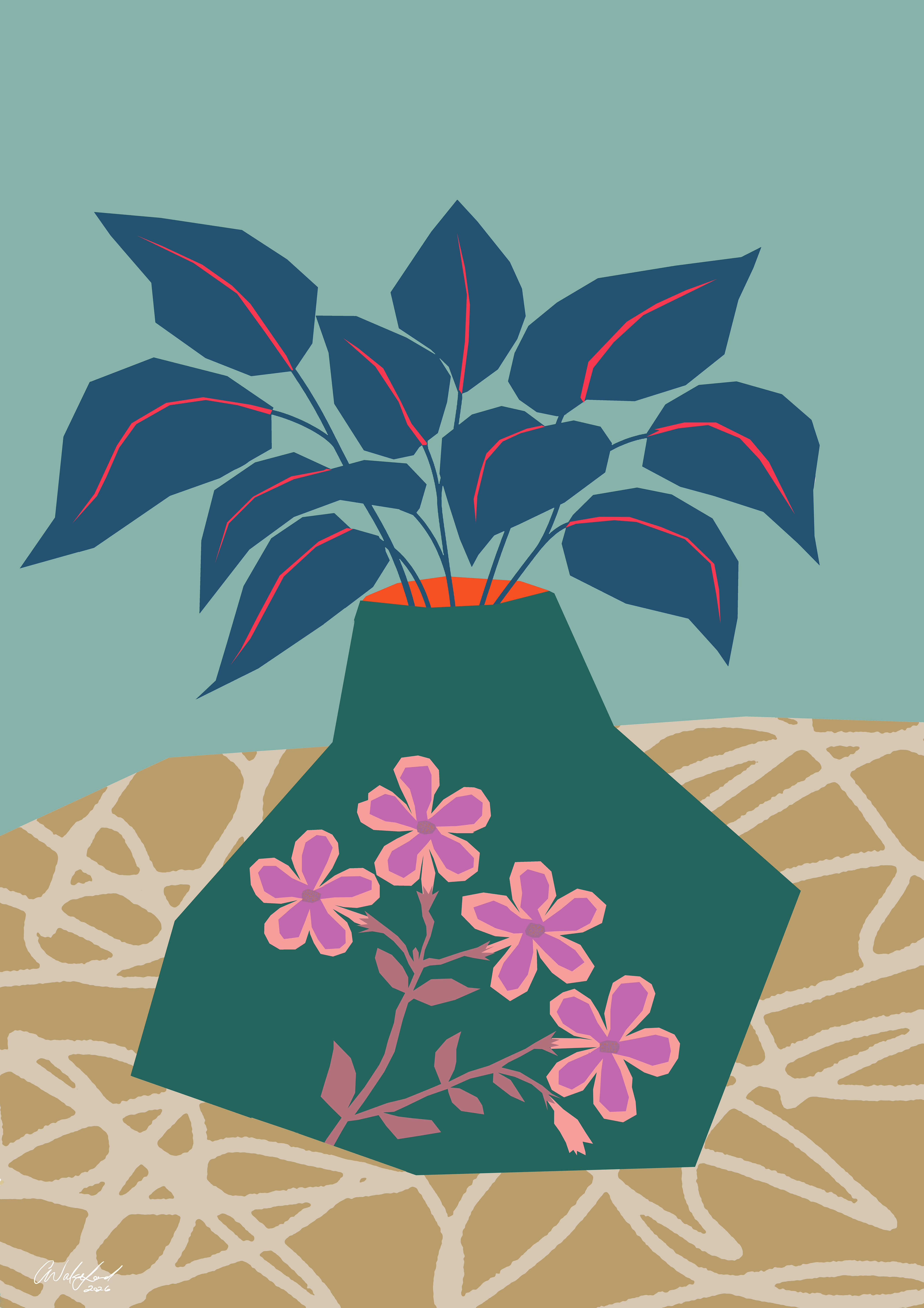 Ceramic in Green /Modern Still Life Vase with Foliage A3