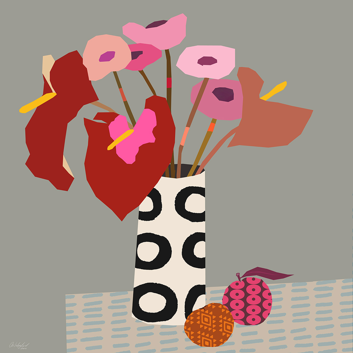 A Riot of Colour/ Contemporary Vase with Red Flowers Art Print  60 x 60 cm