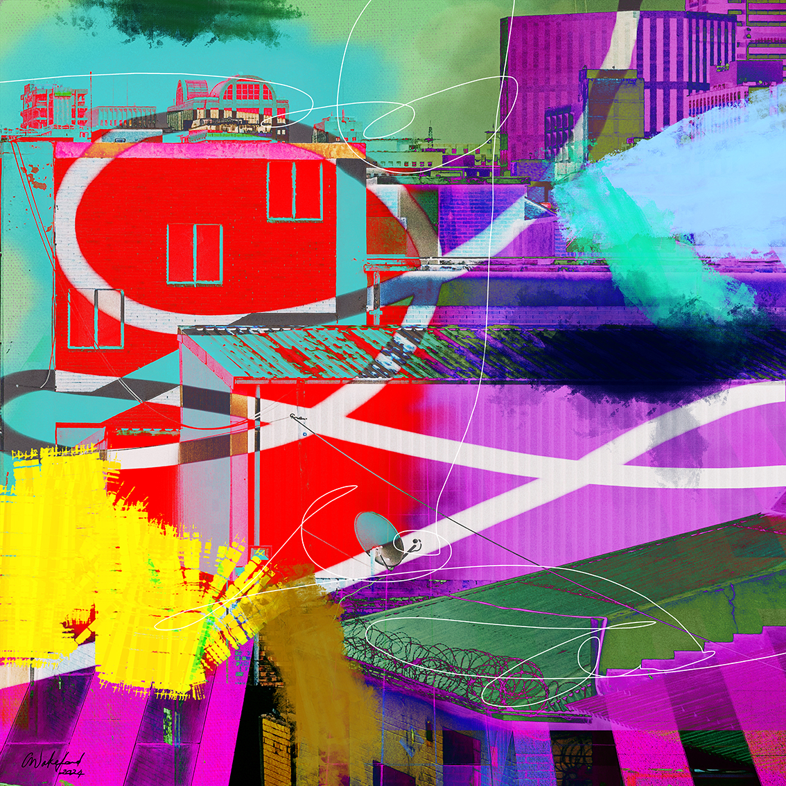 Mixed Signals and the Satellite Dish / Colorful Urban Abstract Wall Art Print 110 x 110 cm