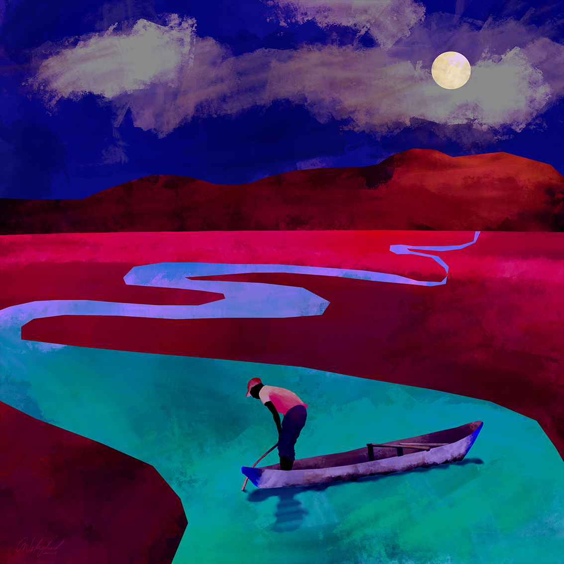 Night Fishing / Contemporary Nature Landscape Wall Art 72 x 72 cm